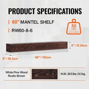 VEVOR Fireplace Mantel Wood Shelf Floating Rustic Fireplace Mantel 60&quot; Brown