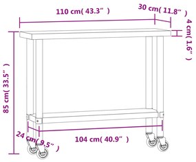 Πάγκος Εργασίας Κουζίνας με Ροδάκια 110x30x85 εκ. Ανοξ. Ατσάλι