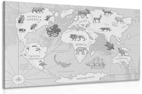 Εικόνα ασπρόμαυρο παγκόσμιο χάρτη με ζώα - 120x80