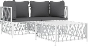vidaXL Σαλόνι Κήπου Σετ 3 τεμ. Λευκό από Ατσάλι με Μαξιλάρια