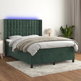 Κρεβάτι Boxspring με Στρώμα &amp; LED Σκ. Πράσινο 140x190εκ Βελούδο - Πράσινο