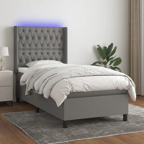 Κρεβάτι Boxspring με Στρώμα & LED Σκ.Γκρι 90x190 εκ. Υφασμάτινο