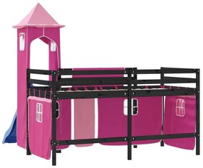 Υπερυψωμένο Κρεβάτι με Πύργο Ροζ 80x200 εκ. Μασίφ Ξύλο Πεύκου - Ροζ