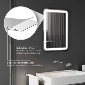 HOMCOM Καθρέφτης μπάνιου, φωτιζόμενος, έλεγχος αφής, αντιθαμβωτικός, ρυθμιζόμενος, 3 χρώματα φωτισμού, 50x70, Ασημί