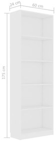 vidaXL Βιβλιοθήκη με 5 Ράφια Λευκή 60 x 24 x 175 εκ. από Επεξ. Ξύλο