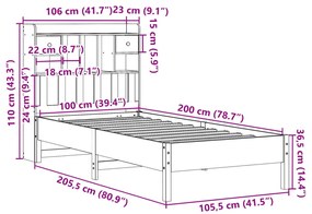 Κρεβάτι Βιβλιοθήκη Χωρίς Στρώμα 100x200 εκ Μασίφ Ξύλο Πεύκου - Καφέ