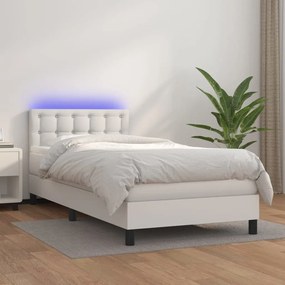 Κρεβάτι Boxspring με Στρώμα &amp; LED Λευκό 90x200 εκ. Συνθ. Δέρμα