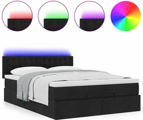 vidaXL Οθωμανικό κρεβάτι με στρώμα &amp; LEDs Μαύρο 140x200 cm Ύφασμα