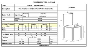 Καρέκλα DELUX Μεταλλική Βαφή Μαύρη/PU Ανθρακί 49x51x89cm (Σετ 6 ΤΕΜ)