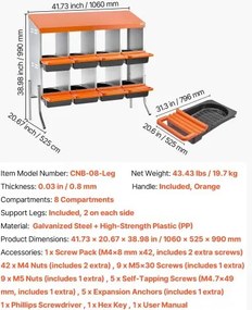 VEVOR Chicken Nesting Boxes, 8 Compartments, with Support Legs, Easy Egg Collection, Galvanized Steel and High-Strength Plastic, Roll Away Nesting Boxes for Chickens and Hens Laying Eggs, Orange