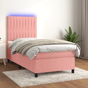 Κρεβάτι Boxspring με Στρώμα &amp; LED Ροζ 90x200 εκ. Βελούδινο