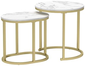 HOMCOM Σετ 2 τραπεζάκια σαλονιού, Οβάλ και στρογγυλό τραπέζι καφέ, στοιβαζόμενα, όψη μαρμάρου, ατσάλι, Ø50 x 50,5 cm, λευκό