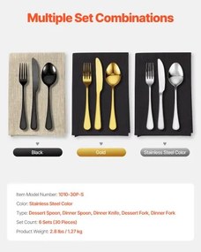 VEVOR 30-Piece Silverware Set Stainless Steel Cutlery Flatware Utensils for 6