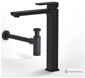 Eurorama Quadra Black Matt Μπαταρία Νιπτήρος Υψηλή, με Bαλβίδα clic-clac+Σιφών