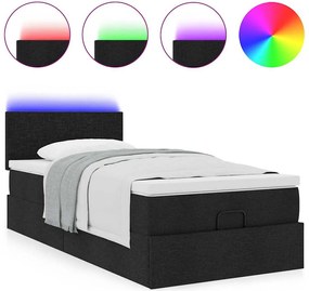 vidaXL Οθωμανικό κρεβάτι με στρώμα &amp; LEDs Μαύρο 90x200 cm Ύφασμα