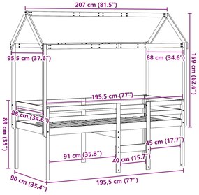 Κρεβάτι Υπερυψωμένο με Οροφή Καφέ 90x190 εκ. Μασίφ Ξύλο Πεύκου - Καφέ