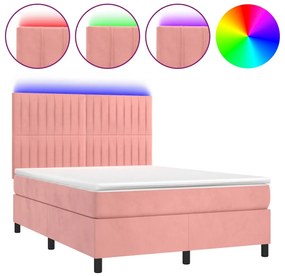 vidaXL Κρεβάτι Boxspring με Στρώμα &amp; LED Ροζ 140x190 εκ. Βελούδινο