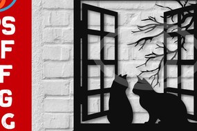 Σετ των 2 Intra απο ξύλο plywood 3mm-4mm πάχος Σχέδιο διακόσμησης τοίχου γάτα σε παράθυρο Δίασταση 40x40 cm INTRAFABR-68965502