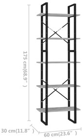 Βιβλιοθήκη με 5 Ράφια Γκρι Σκυρ. 60 x 30 x 175 εκ. Επεξ. Ξύλο - Γκρι