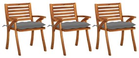 Καρέκλες Τραπεζαρίας Κήπου 3 τεμ Μασίφ Ξύλο Ακακίας &amp; Μαξιλάρια - Γκρι