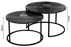 Τραπέζια σαλονιού Solme pakoworld σετ 2τεμ μαύρο μαρμάρου μελαμίνης-μαύρο μέταλλο
