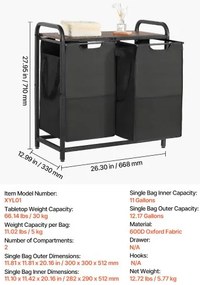VEVOR 2 Section Laundry Sorter with Pull-Out Bags Metal Frame &amp; Wooden Tabletop