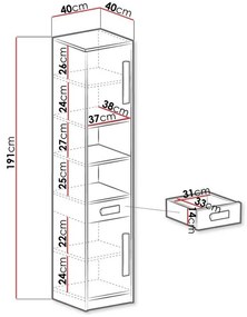 Βιβλιοθήκη Akron H104, Με συρτάρια, Με πόρτες, Κλειστό, Πλαστικοποιημένη μοριοσανίδα, Ο αριθμός των θυρών: 2, Αριθμός συρταριών: 1, 191x40x40cm