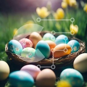 Intra Συλλεκτικό Ξύλινο Παζλ Plywood 4mm - Πολύχρωμα Πασχαλινά αυγά σε ένα καλάθι με νάρκισσους Σε Ξύλινο Κουτί - Διαστάσεις: 10x10 cm – 25 κομμάτια