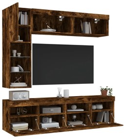 vidaXL Ντουλάπια Τηλεόρασης Τοίχου 7 τεμ. με Φώτα LED Καπνιστή Δρυς