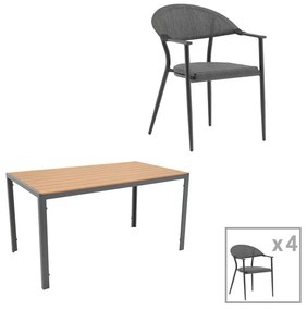 Dining table Nares-Pino C set of 5 anthracite-black aluminum and plywood in natural color 140x80x72.5cm 140x80x72.5 εκ.