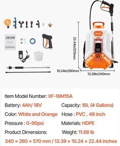 VEVOR 4 Gal Battery Powered Backpack Sprayer 0-90 PSI 4H Runtime for Yard Lawn