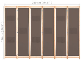 Διαχωριστικό Δωματίου με 6 Πάνελ Καφέ 240x170x4 εκ. Υφασμάτινο - Καφέ