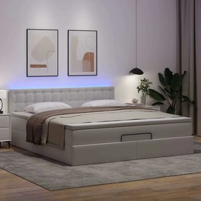 vidaXL Οθωμανικό κρεβάτι με στρώματα &amp; LEDs Καθαρό λευκό Faux Leather