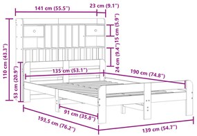 Κρεβάτι Βιβλιοθήκη Χωρίς Στρώμα Λευκό 135x190 εκ Μασίφ Πεύκο - Λευκό