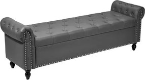 VEVOR Button-Tufted Storage Ottoman Bench Rolled Arm PU Leather Wood Legs Gray