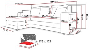 Γωνιακός Καναπές Comfivo 154, Λειτουργία ύπνου, Μαύρο, Άσπρο, Αποθηκευτικός χώρος, 244x146x84cm, 112 kg, Πόδια: Πλαστική ύλη | Epipla1.gr