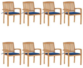 3073250 vidaXL Καρέκλες Κήπου Στοιβαζόμενες 8 τεμ. Μασίφ Ξύλο Teak &amp; Μαξιλάρια Μπλε, 1 Τεμάχιο