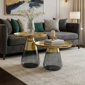 Βοηθητικά τραπέζια Kunlo Inart σετ 2τεμ χρυσό χρώμιο-μαύρο γυαλί 50x50x53.5 εκ.