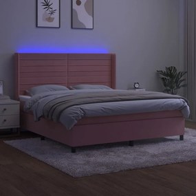 vidaXL Κρεβάτι Boxspring με Στρώμα &amp; LED Ροζ 180x200 εκ. Βελούδινο