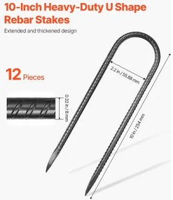 VEVOR 10-Inch 12 Pack Rebar Stakes Heavy Duty U Shape Galvanized Ground Anchors