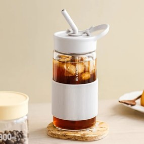 Buydeem CD1017-OW φορητή φιάλη ποτών, 500 ml, Ενσωματωμένο καλαμάκι, Αδιάβροχο, Ανθεκτικό στη θερμότητα γυαλί έως 150°C, Χωρίς BPA, Λευκό