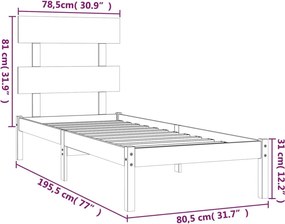 vidaXL Πλαίσιο Κρεβατιού 75 x 190 εκ. από Μασίφ Ξύλο Small Single