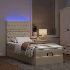 vidaXL Οθωμανικό κρεβάτι με στρώμα &amp; LEDs Cream 90x200 cm Ύφασμα