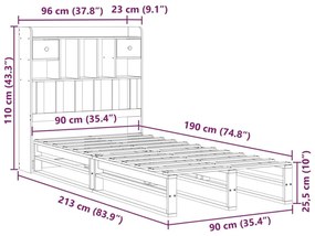 Κρεβάτι Βιβλιοθήκη Χωρίς Στρώμα 90x190 εκ Μασίφ Ξύλο Πεύκου - Καφέ