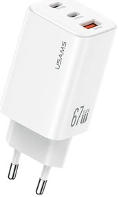 USAMS φορτιστής τοίχου CC265, USB &amp; 2x USB-C, 67W, GaN, λευκός
