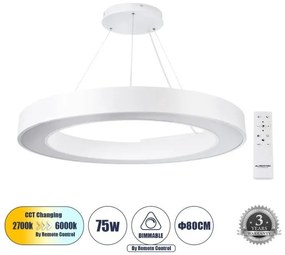 Κρεμαστό Φωτιστικό Δαχτυλίδι CCT 75W Φ80cm Αλουμίνιο Globostar-61197-Λευκό 61197