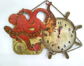 Σετ των 2 Intra απο ξύλο plywood 3mm-4mm πάχος – Χταπόδι με ξύλο ρολογιού τοίχου με τροχό πειρατικού πλοίου 40x40 cm INTRAVECTRY-MY554584