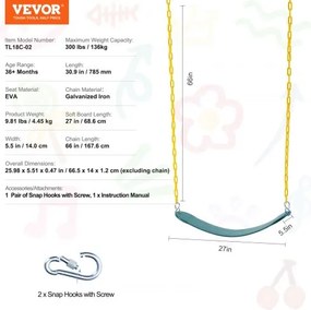 VEVOR 2-Pack Swing Seats Swings Replacement for Outdoor Swing Set 66 Inch Chain