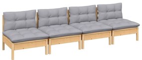 vidaXL Καναπές Κήπου Τετραθέσιος από Μασίφ Πεύκο με Γκρι Μαξιλάρια