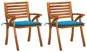 Καρέκλες Τραπεζαρίας Κήπου 2 τεμ Μασίφ Ξύλο Ακακίας &amp; Μαξιλάρια - Μπλε